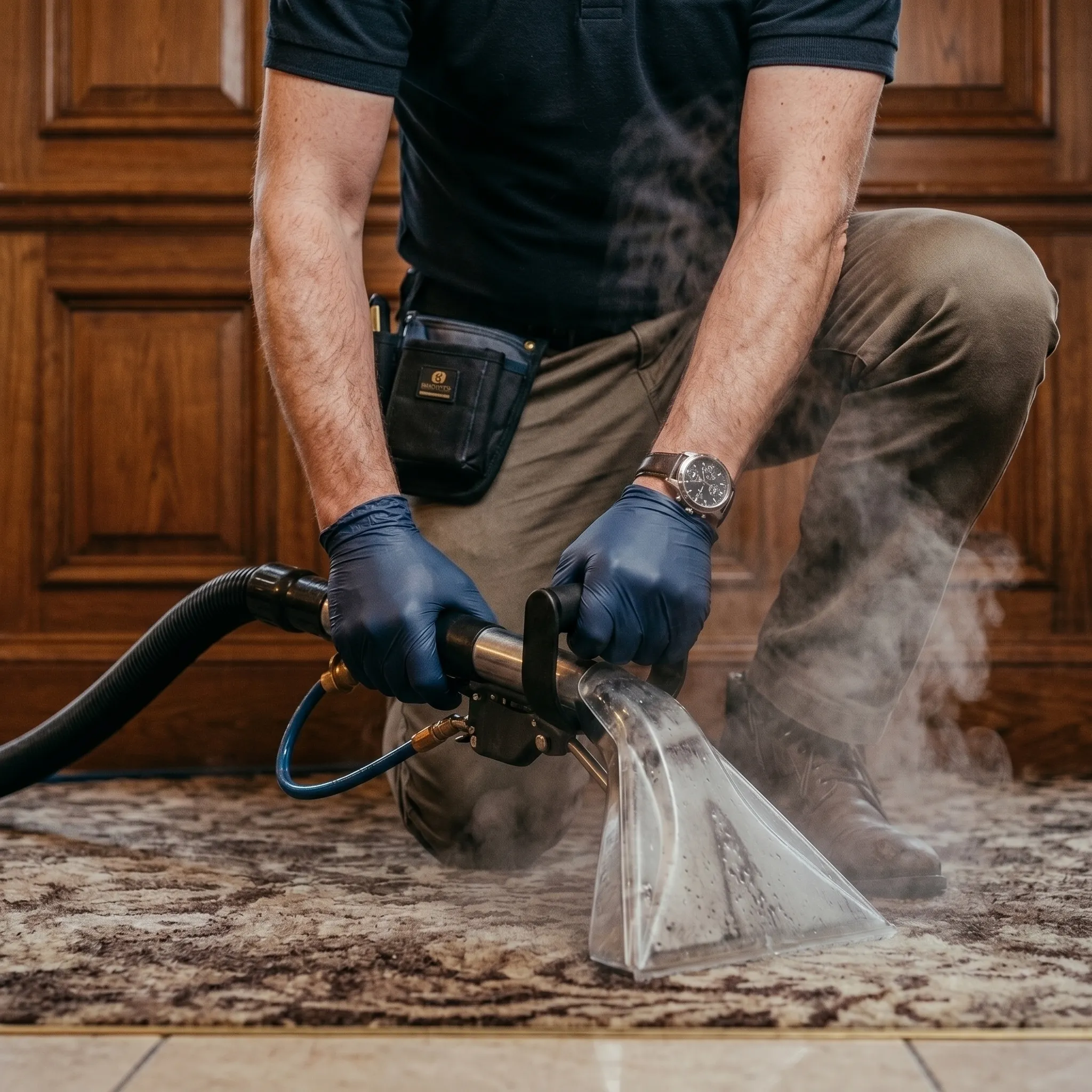Expert technician using pH-balanced chemistry to remove complex stains from hotel carpets in Glasgow