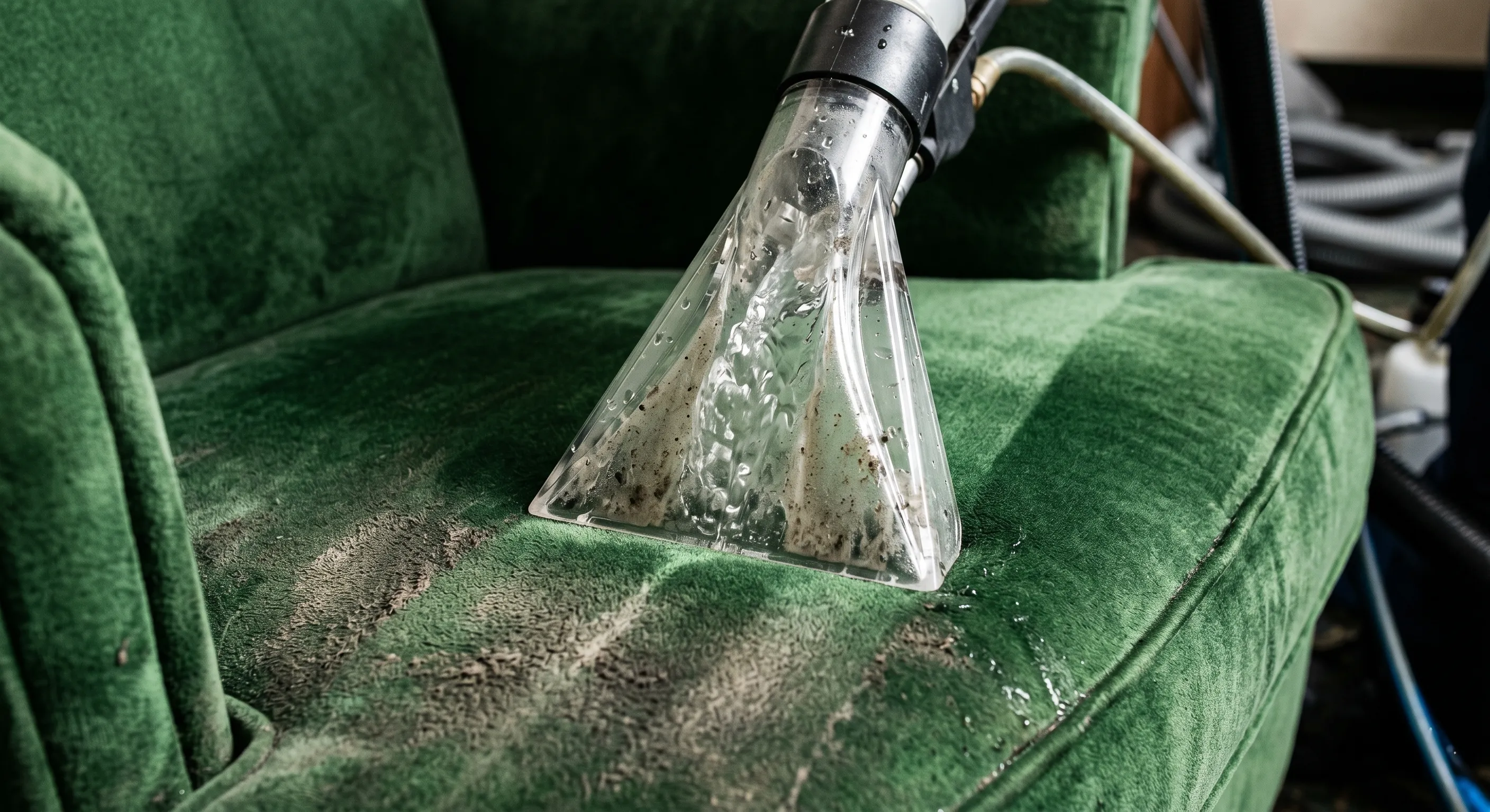 Professional upholstery extraction removing deep-set grime from a luxury hotel armchair in Glasgow