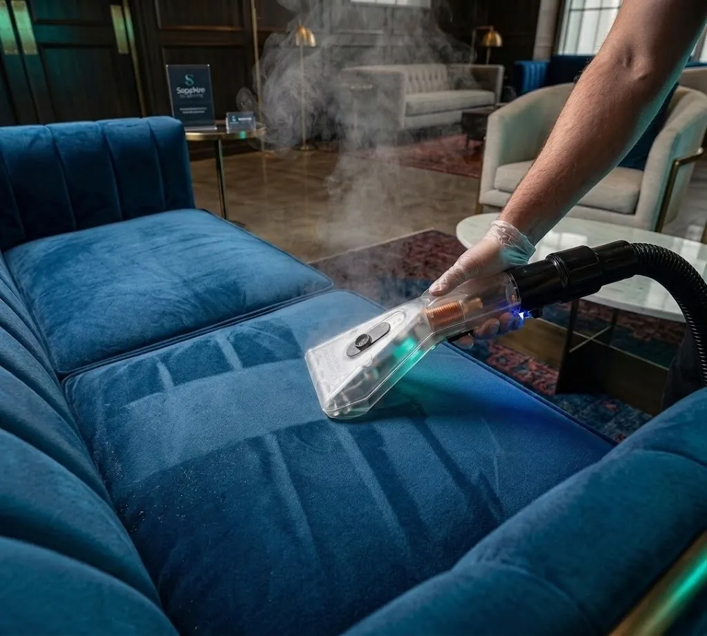 Sapphire Scientific low-moisture upholstery tool removing oils from a velvet sofa in Glasgow